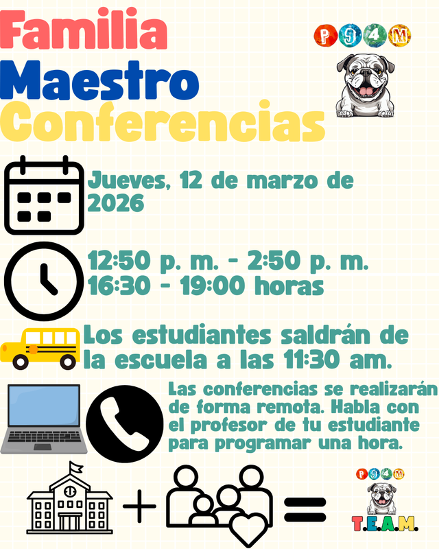 Spanish- Calendar, clock, bus, computer, phone icons with teal, red, blue, and yellow text