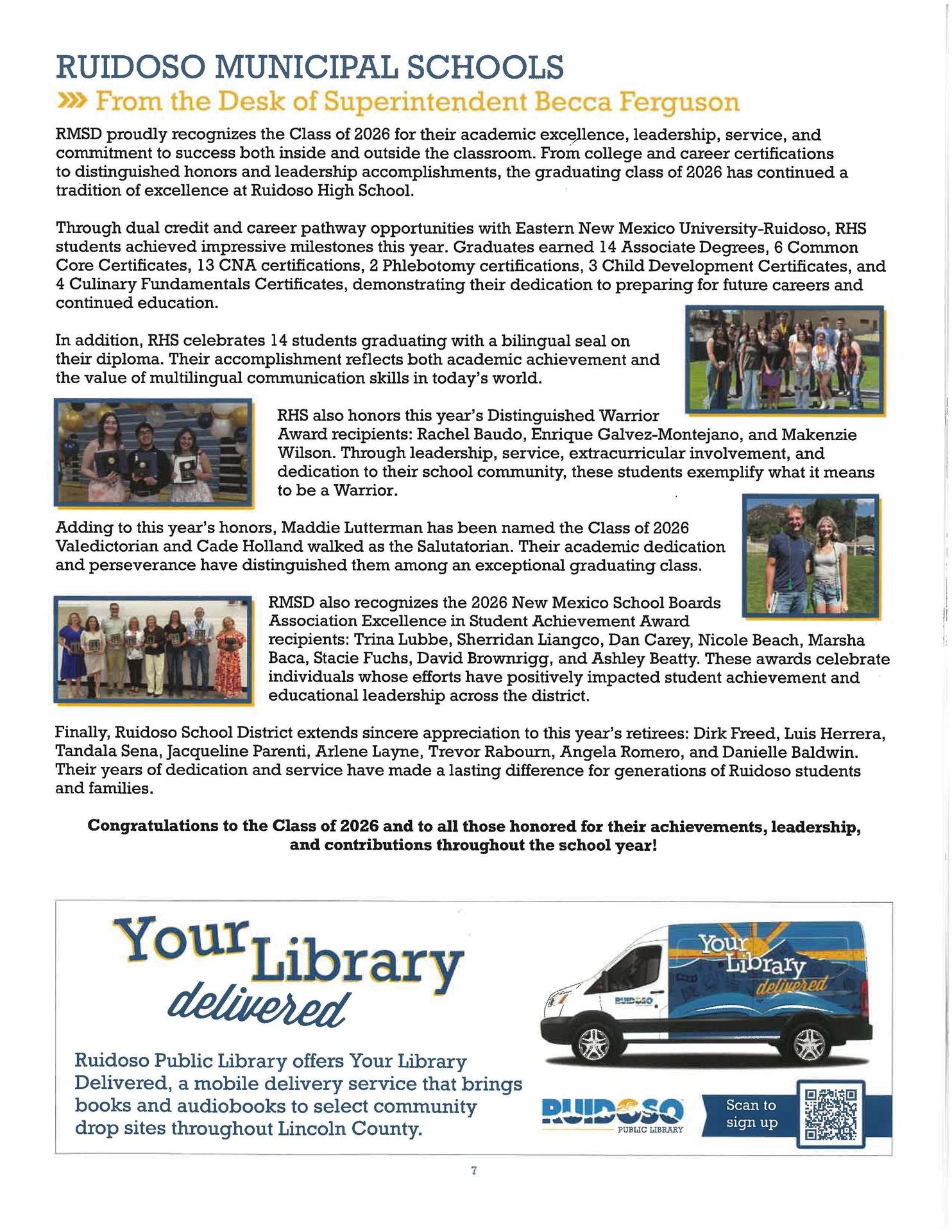 Recognition of educational achievements and initiatives at Ruidoso Municipal Schools.