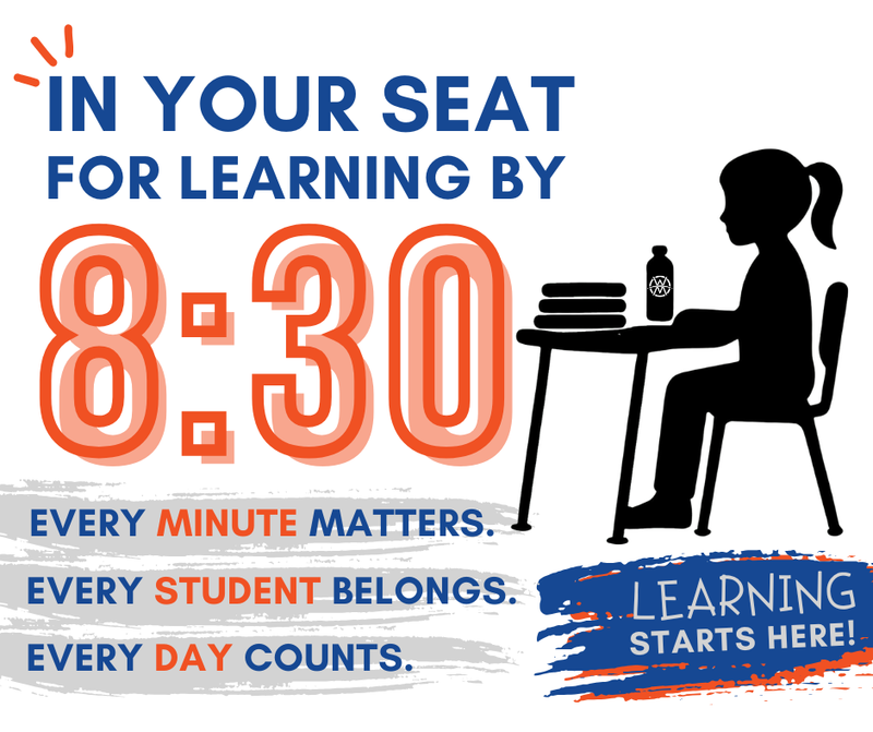 in your seat by 8:30 graphic