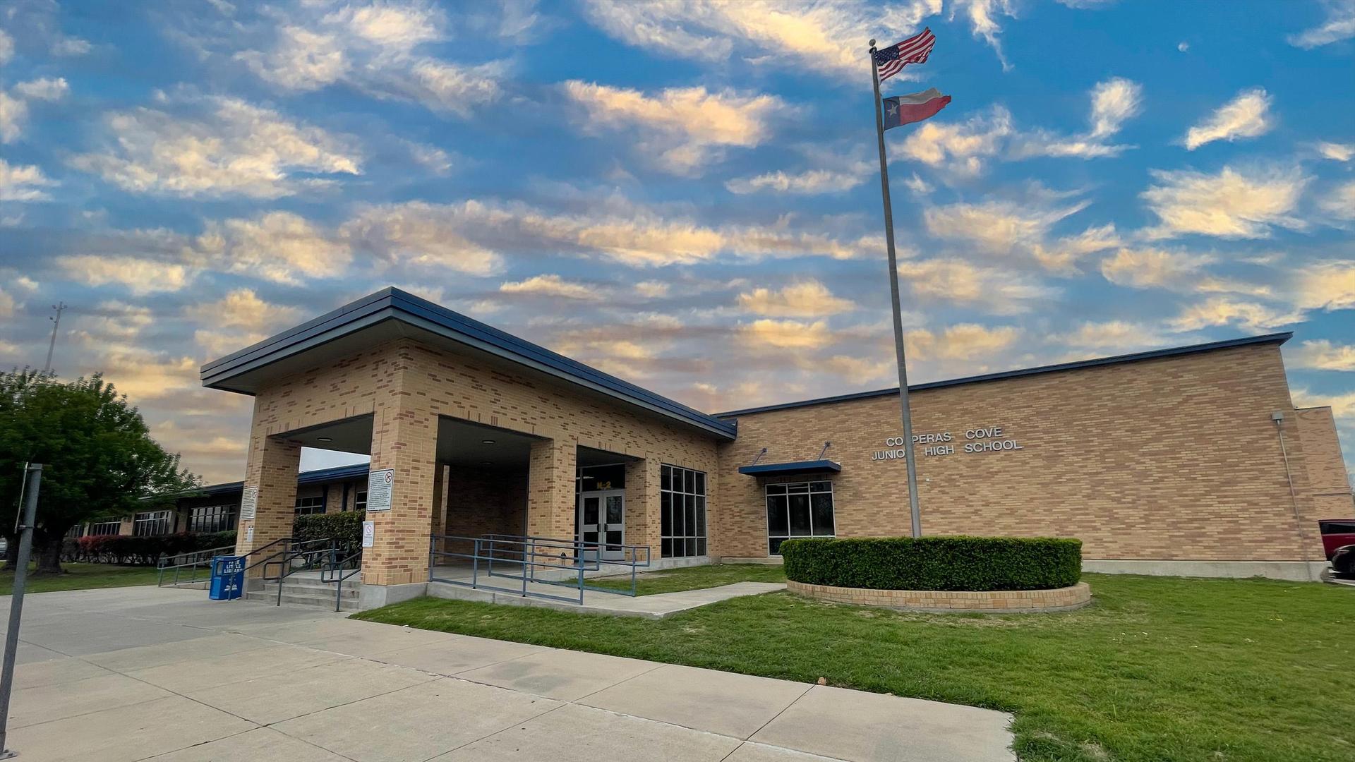 School building with a flagpole and a cloudy sky.