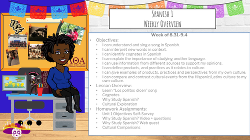 Objectives:  I can understand and sing a song in Spanish. I can interpret new words in context. I can identify cognates in Spanish I can explain the importance of studying another language.  I can use information from different sources to support my opinions. I can define products, and practices as it relates to culture. I can give examples of products, practices and perspectives from my own culture. I can compare and contrast cultural events from the Hispanic/Latinx culture to my own culture.  Lesson Overview: Learn “Los pollitos dicen” song Cognates Why Study Spanish? Cultural Exploration Homework Assignments: Unit 1 Objectives Self-Survey Why Study Spanish? Video + questions Why Study Spanish? Web quest Cultural Comparisons