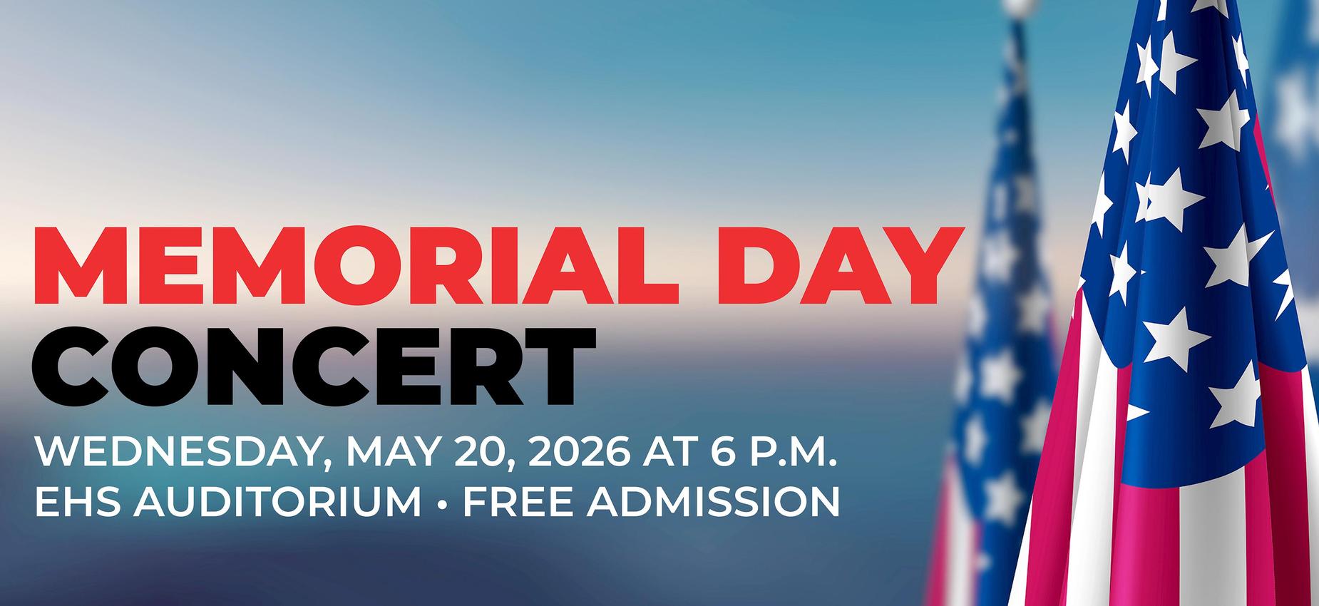 Memorial Day concert advertisement with flag and event details.