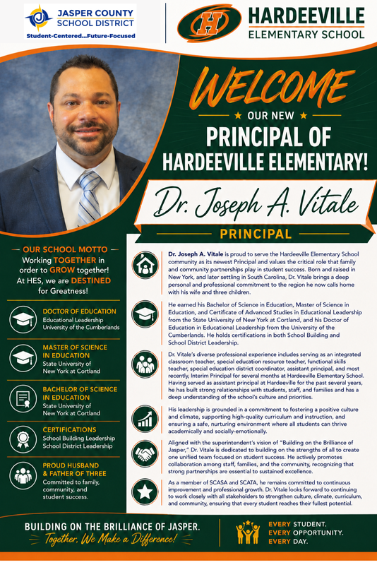 Please join us in welcoming Dr. Joseph A. Vitale as Principal of Hardeeville Elementary School! Featured Photo