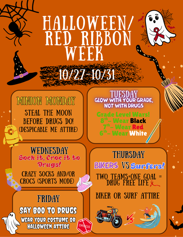 Join us for our Halloween/Red Ribbon Week Spirit Week next week—check out the flyer for themed days and get ready for a fun, festive week!
