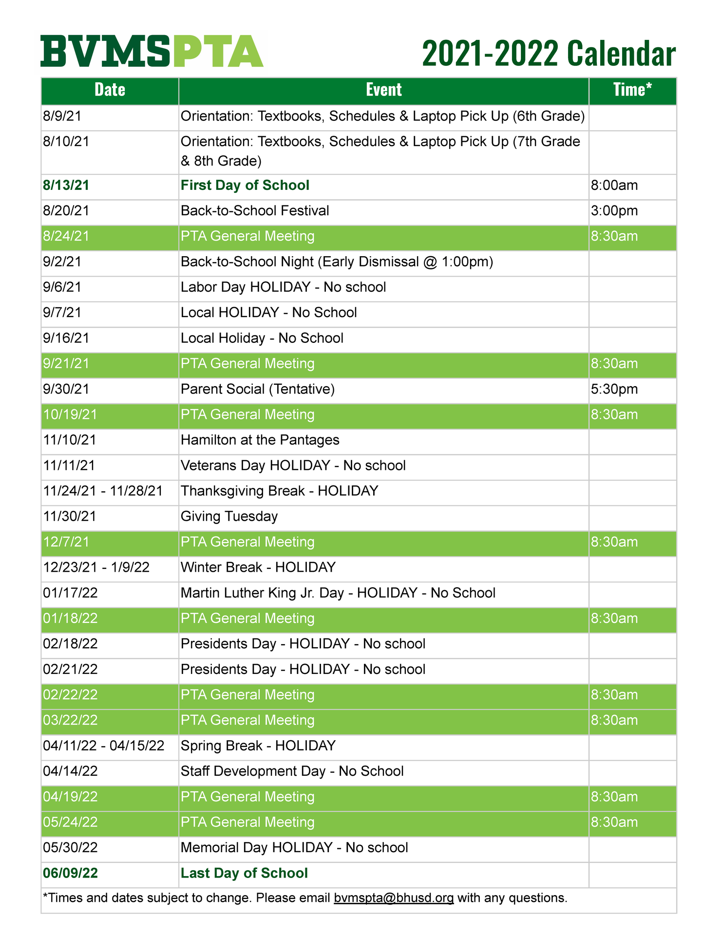 PTA Meeting Schedule 2021-2022