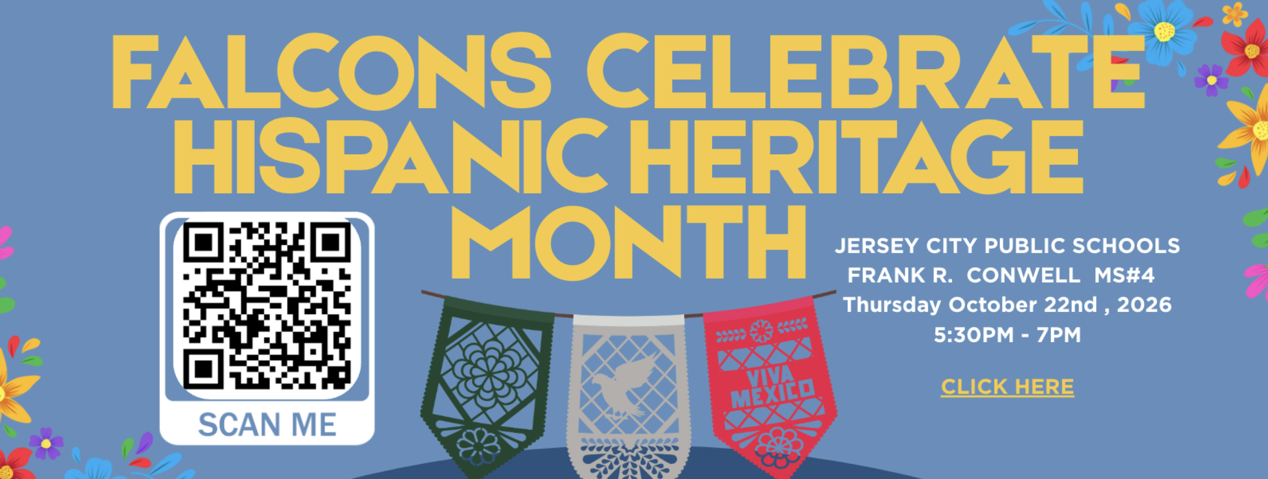 Event banner for Hispanic Heritage Month with text, QR code, and decorative elements.