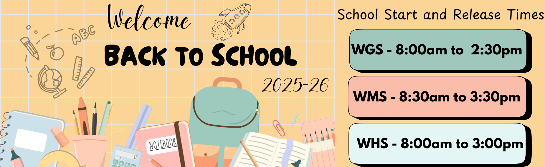 Welcome Back to School 2025-2026
School start and release times
warrenton grade school 8am to 2:30 pm
warrenton middle school 8:30am to 3:30 pm
warrenton high school 8am to 3pm