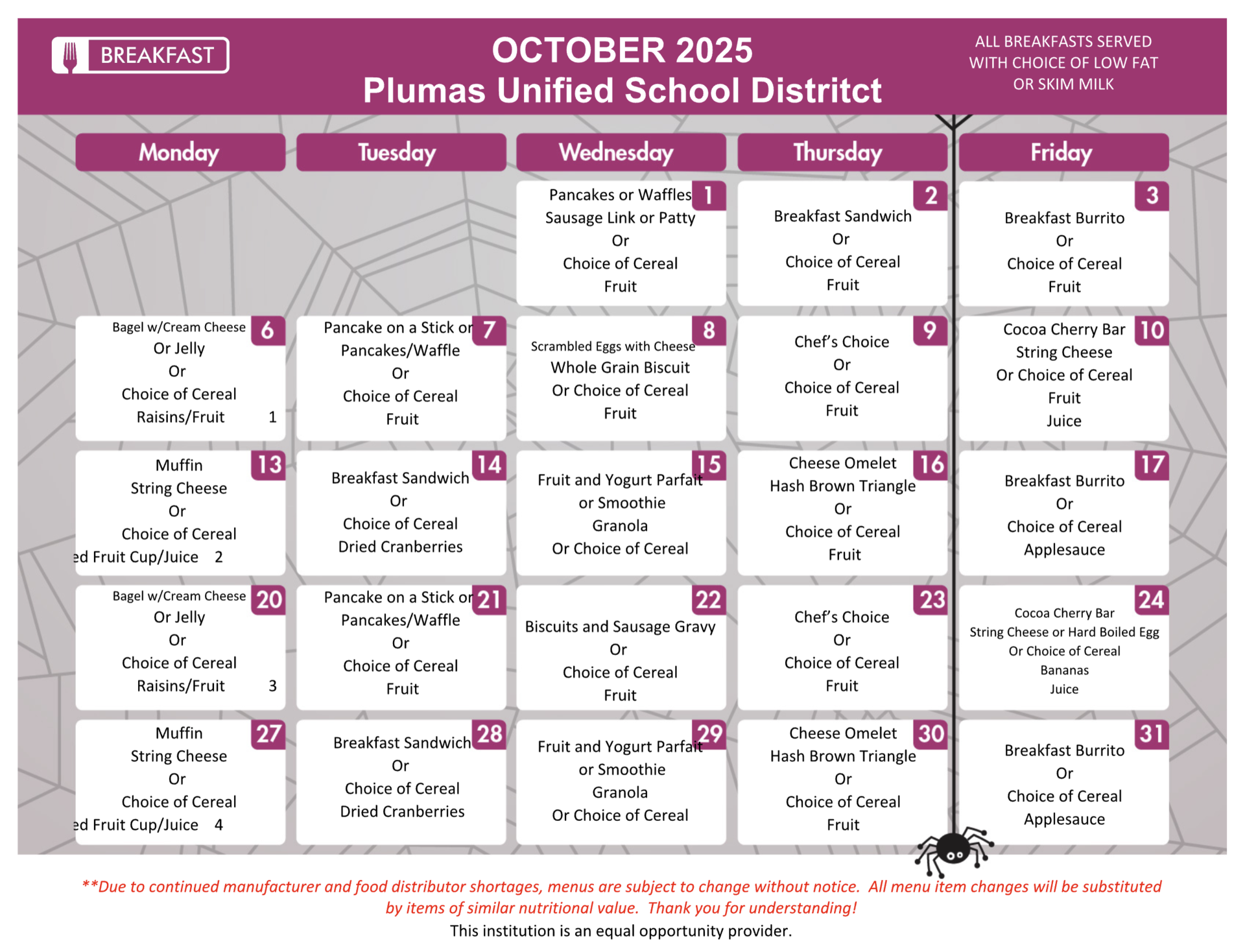 October 2025 Breakfast menu