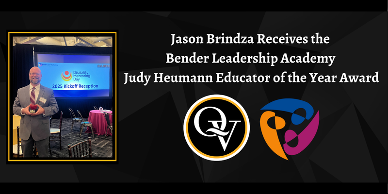 Image depicts Mr. Brindza in a gray suit while holding his award at the event. It also announces that he was recognized with the Judy Heumann Educator of the Year Award.