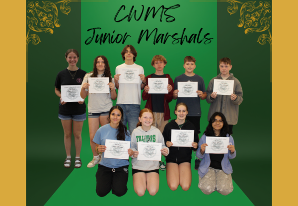 CWMS Junior Marshals at the top of a photo of students holding Junior Marshal certificates