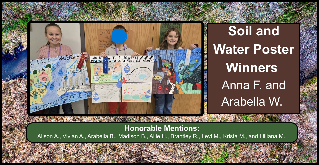 Three children holding colorful posters about soil and water conservation.