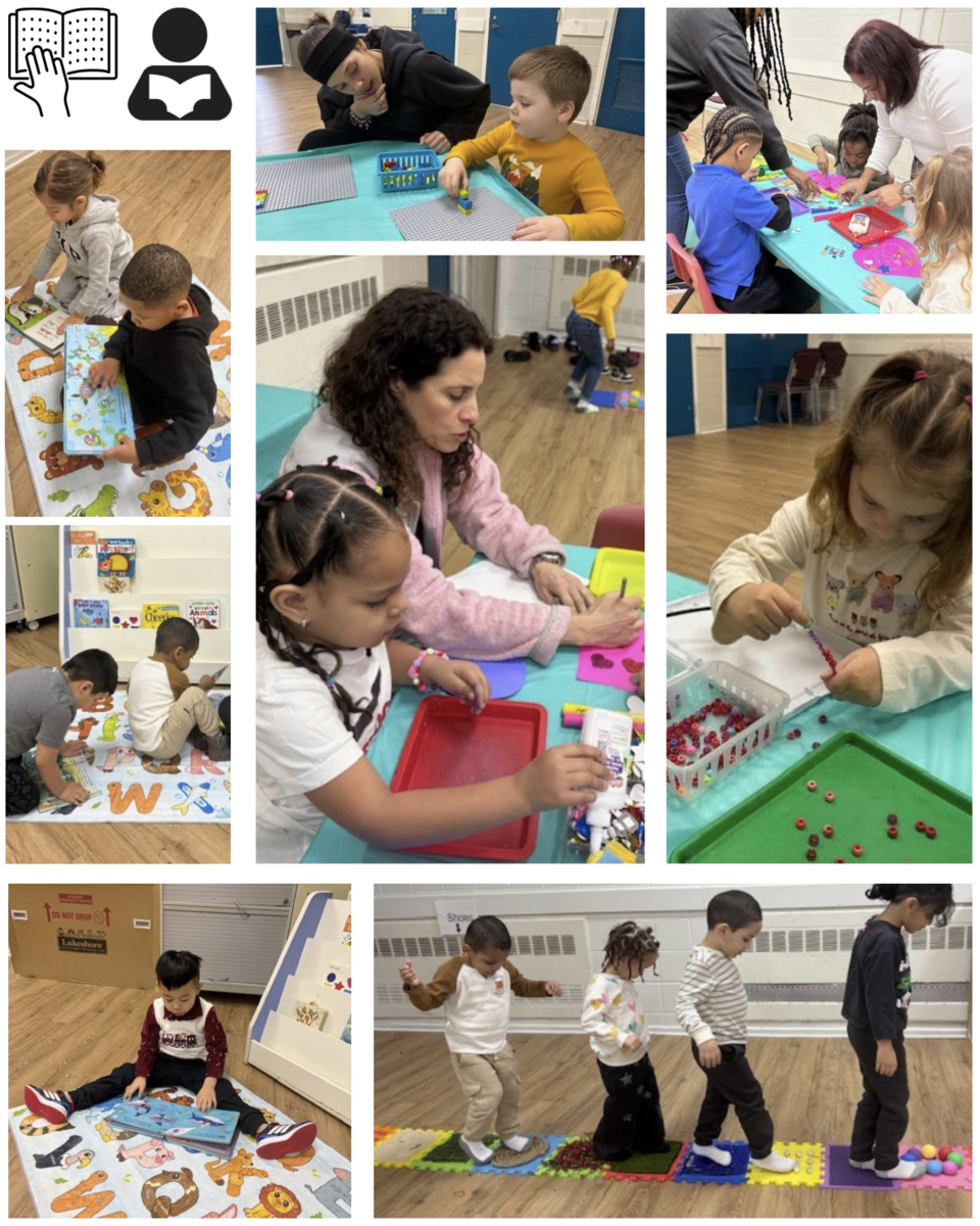 A collection of photos from the Pre-Braille Literacy event showing children engaging in sensory activities, exploring Braille books and interacting with educators. 