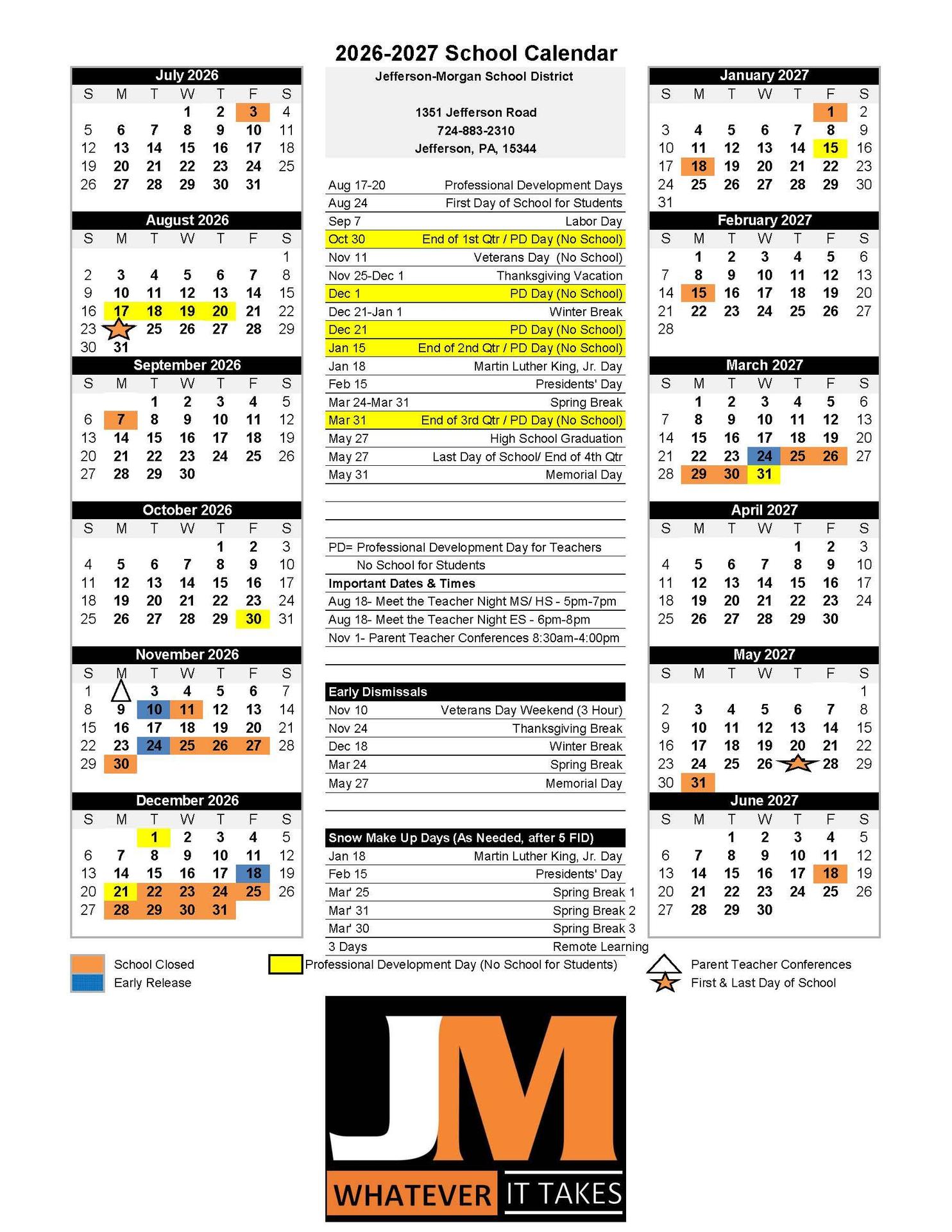 2026-2027 School Calendar