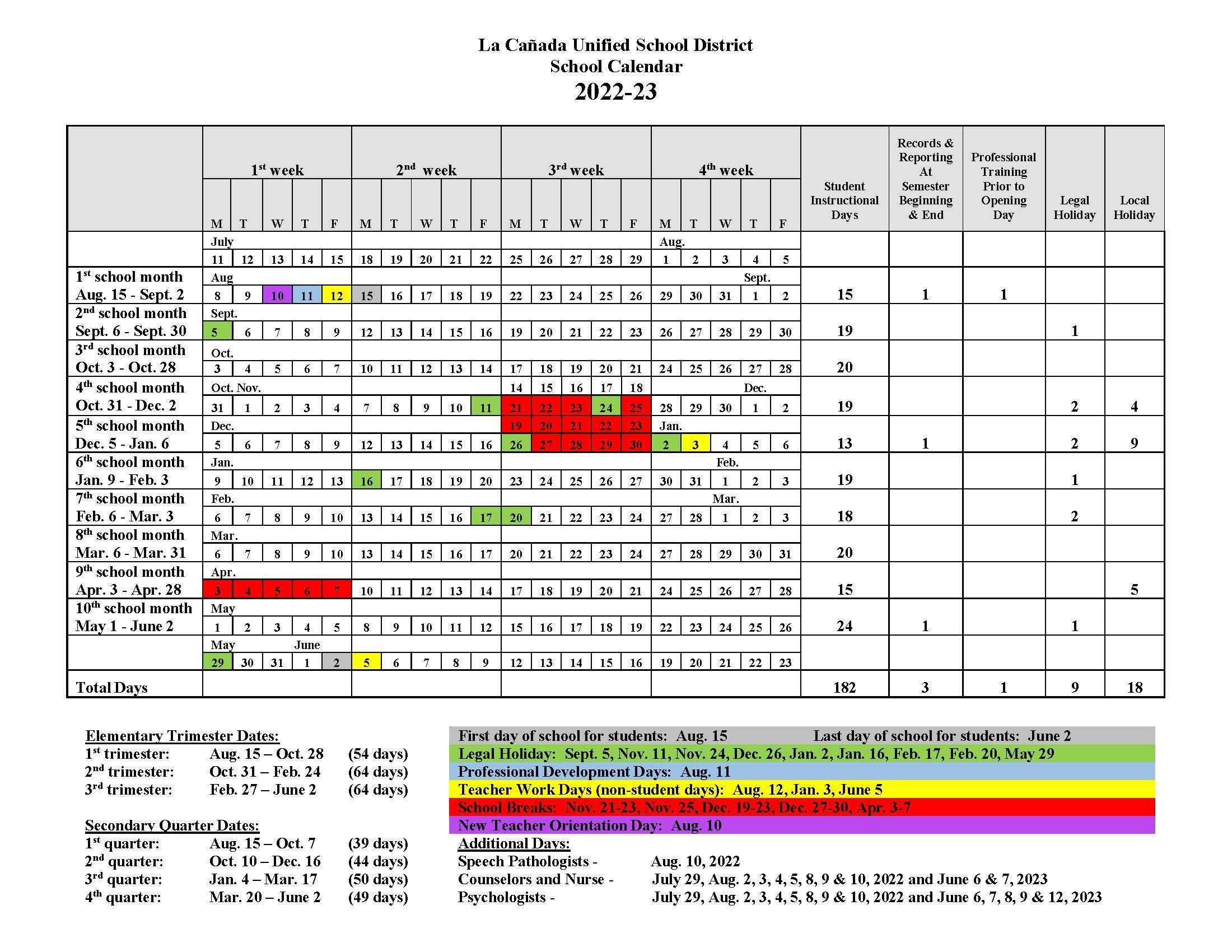 Instructional Days Calendars – Yearly Calendars – La Cañada Unified School  District