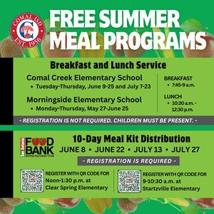 2026 Summer Meal Programs graphic with details on time, dates and locations