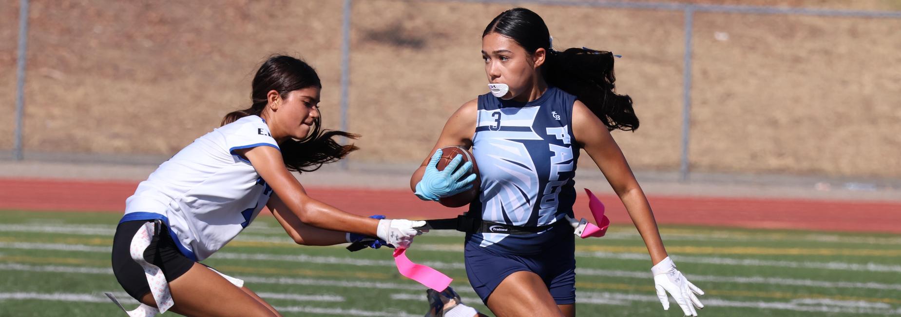 A player running with a football while being chased by an opponent on a field.