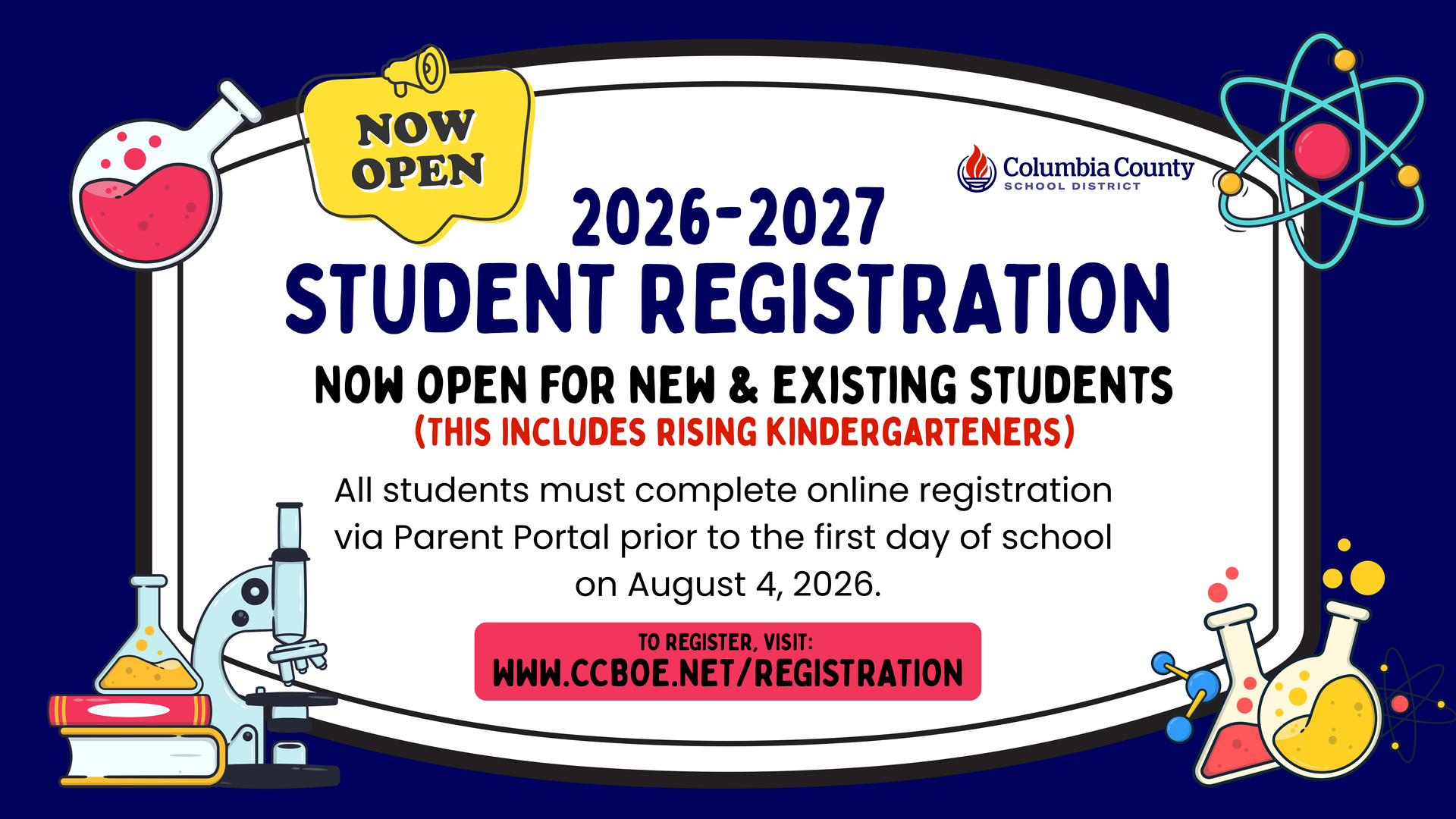 2026-2027 student registration announcement with colorful school-themed graphics.