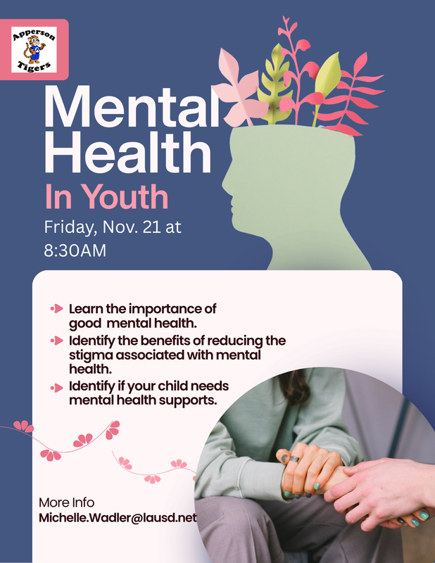 Mental Health in Youth workshop November 21 at 8:30.