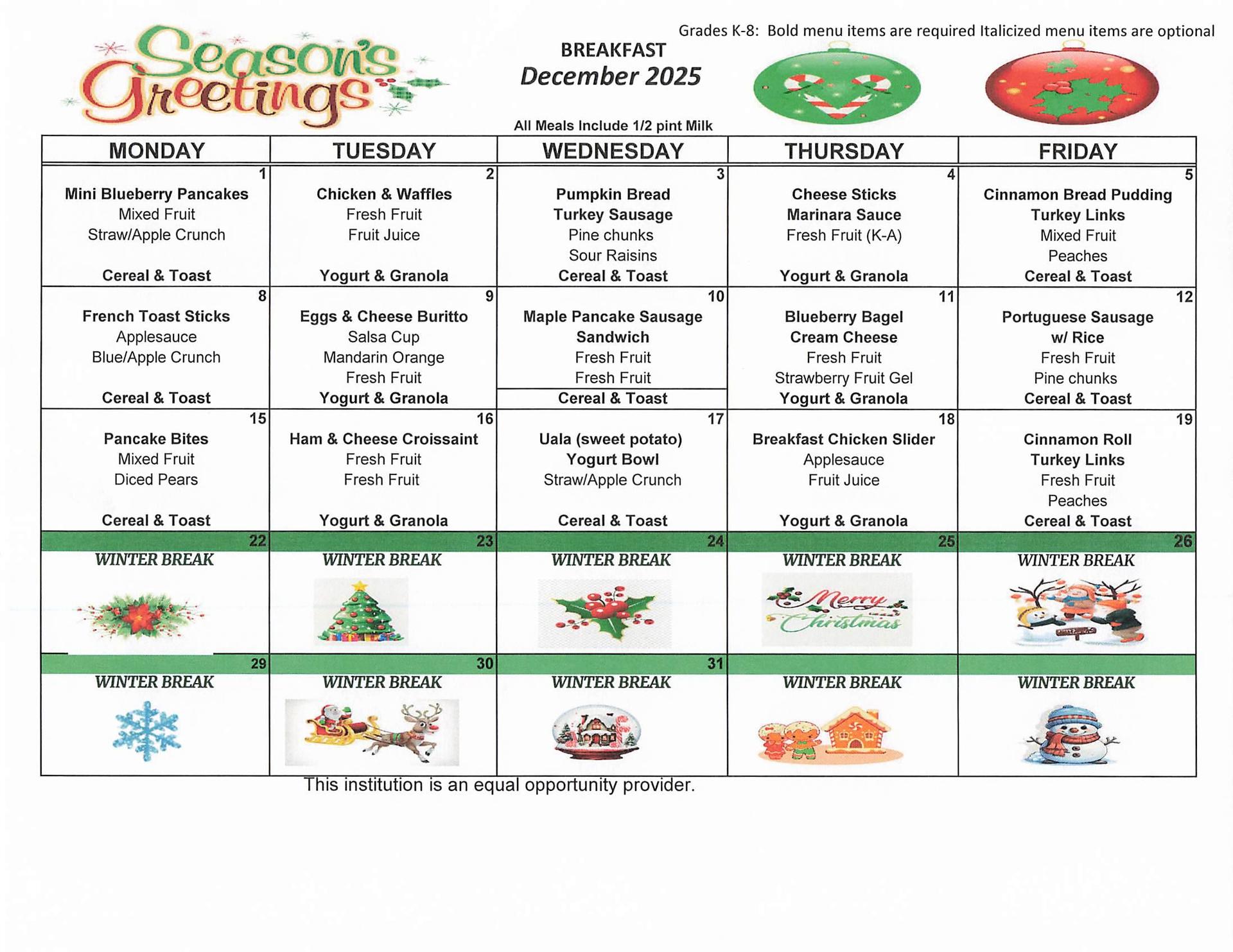 December - Breakfast Menu