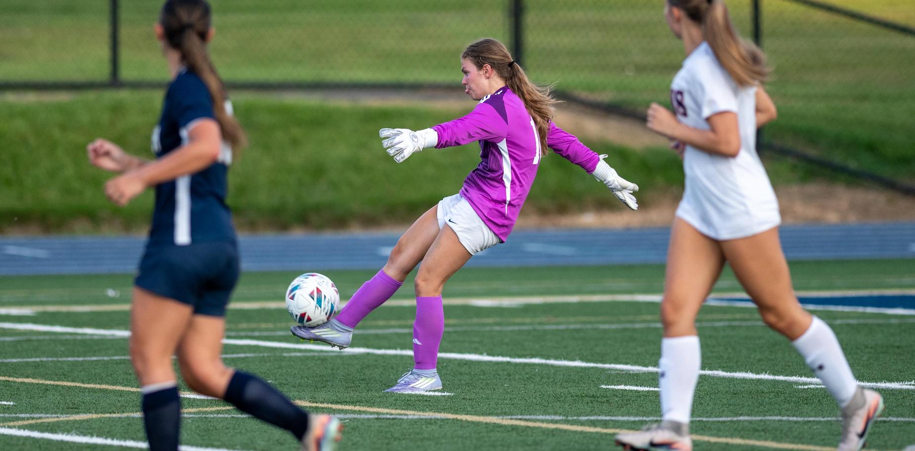 A female soccer goalkeeper makes a play while her teammates run on the field.