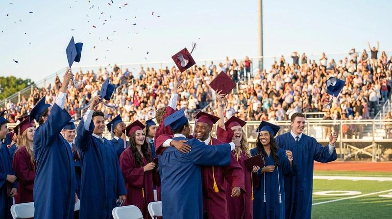 Graduates celebrating at a ceremony, throwing caps in the air with a cheering crowd.