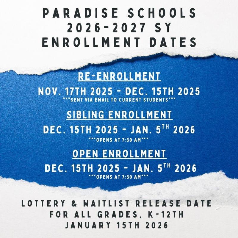 Paradise Schools 2026-2027 SY Enrollment Dates