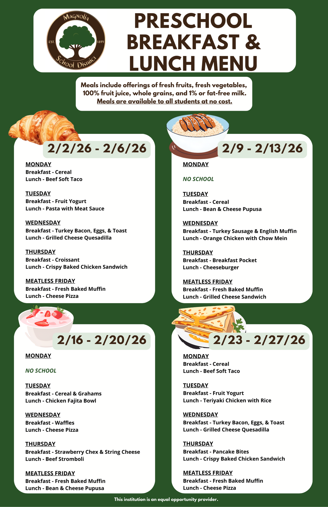 Preschool Breakfast and Lunch Menu for February 2026