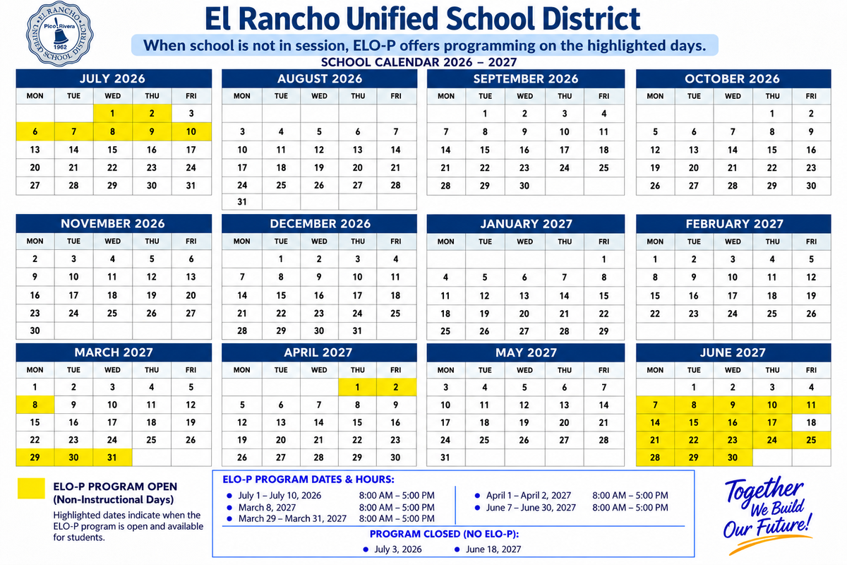 ELO-P Non-Instructional Days calendar for the 2026-2027 school year with program dates highlighted