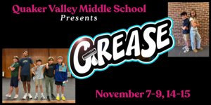 Image announces "QVMS Presents Grease" with images of the cast posing during rehearsals.