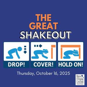 graphic with earthquake preparedness drop, cover and hold on technique