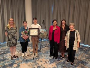 From left: SPHS Art Teacher Aimee Levie-Hultman, Jung Hae Lim, David Kim, Judy Chu, Dr. Angela Elizondo Baxter, and Dr. Patricia Martinez-Miller pause to celebrate at the 2026 Congressional Art Awards Ceremony. (Photo Courtesy of Enrique Robles)