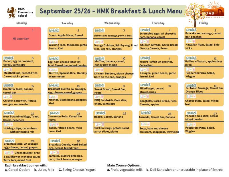 September 2025 Menus