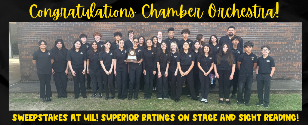 Group photo of the Chamber Orchestra celebrating their Sweepstakes success.