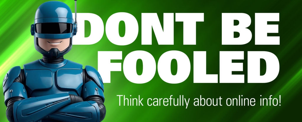 A blue robot mascot encouraging caution about online information.