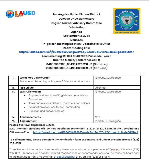 English Learner Advisory Committee Orientation:  Thursday, Sept. 12, 2024 @ 10:00 a.m.