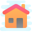 Cartoon-style orange house with a pink roof and gray door.
