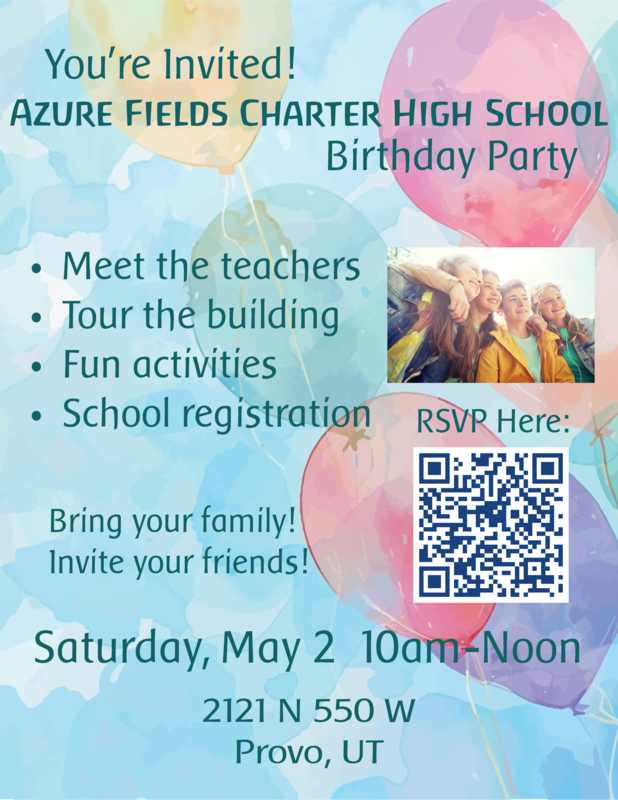 Azure Fields' birthday invitation on watercolor background