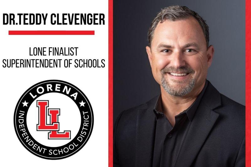 Man in a black suit smiling next to text about a superintendent finalist.