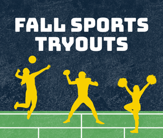 Fall Sports Tryouts with three yellow silhouettes of athletes on a green field