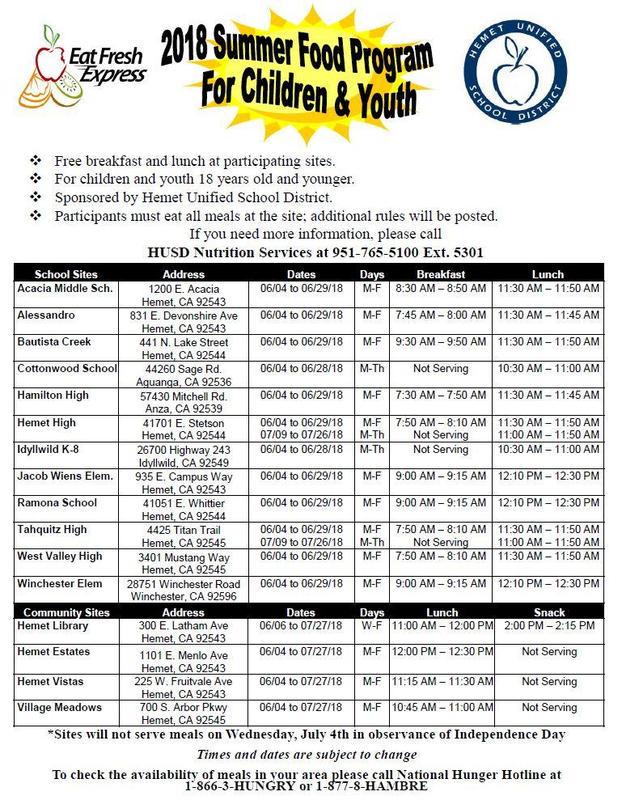 Summer Meal Program schedule