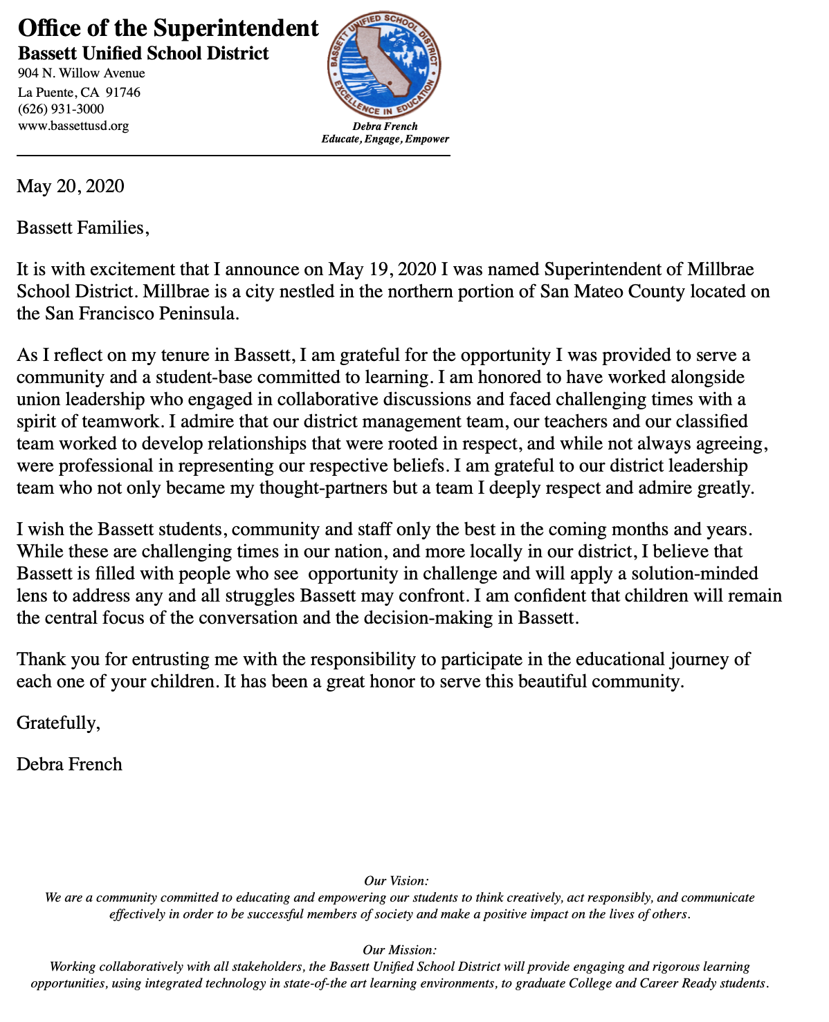Bassett Superintendent Accepts Job In Millbrae Bassett Unified School District