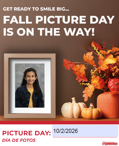 Text promoting fall picture day with a girl's portrait and autumn decor.