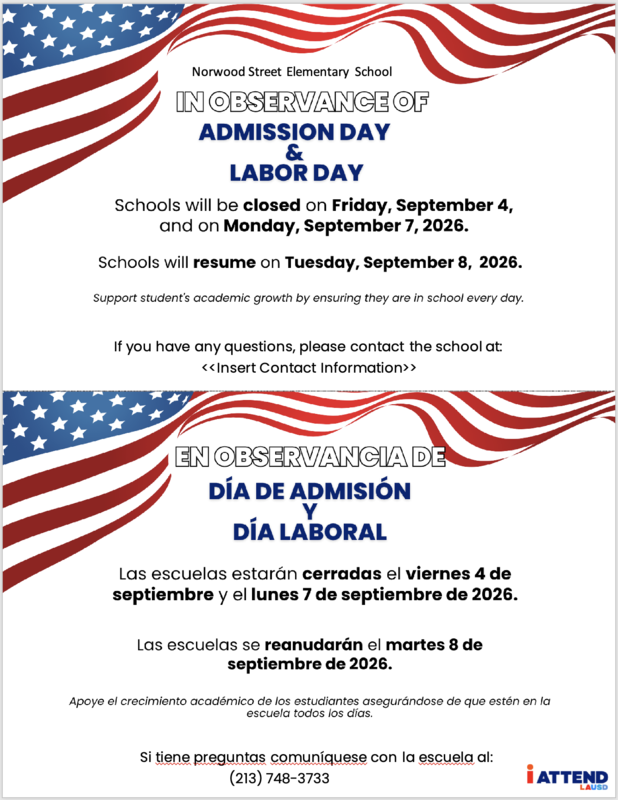 School Closed on Friday, September 4, and on Monday, September 8, 2026 in observance of Admission Day and Labor Day. School will resume on Tuesday, September 8, 2026 Featured Photo