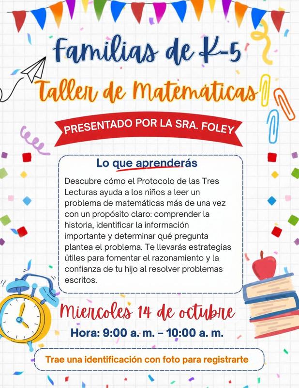 Colorful workshop announcement with details in Spanish on math strategies for parents.