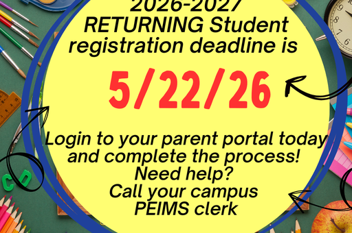 Deadline notice for returning student registration with colorful school supplies background.
