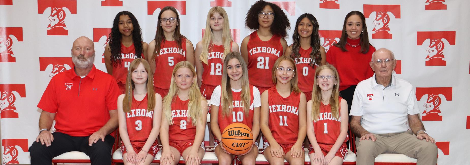 Girls basketball team gathered for a photo, each in jerseys with a basketball in front.