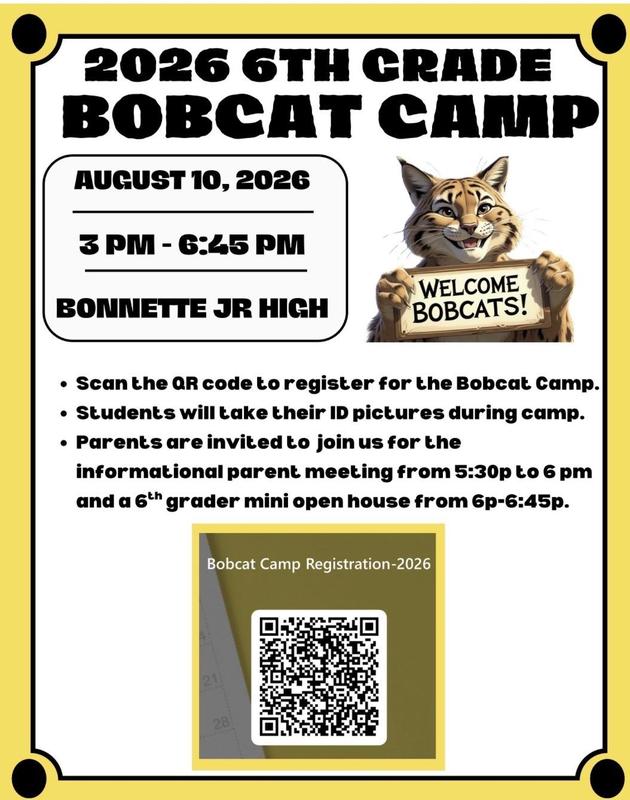 Flyer with Bobcat holding a welcome sign and a QR code