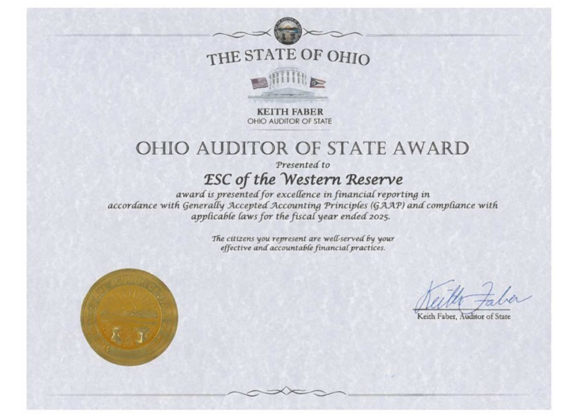 State Auditor's Award for Fiscal Year 2025.