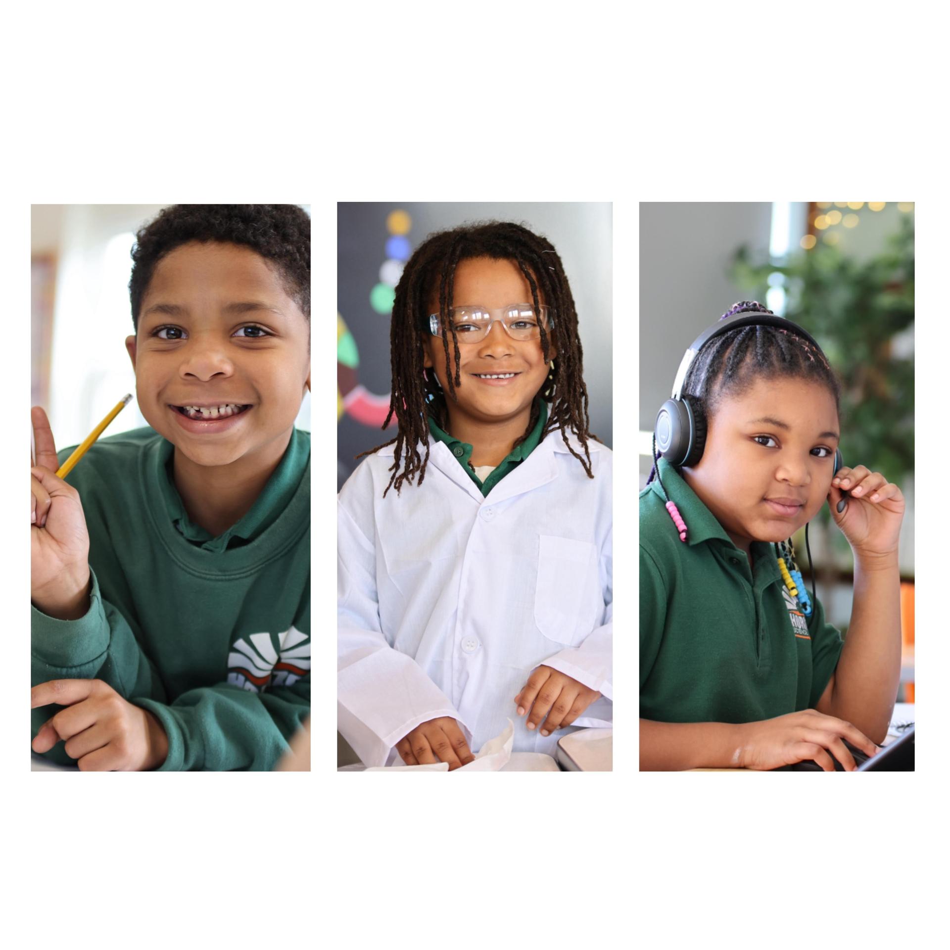 Collage showcasing various student activities including academics, science, and hands-on projects.