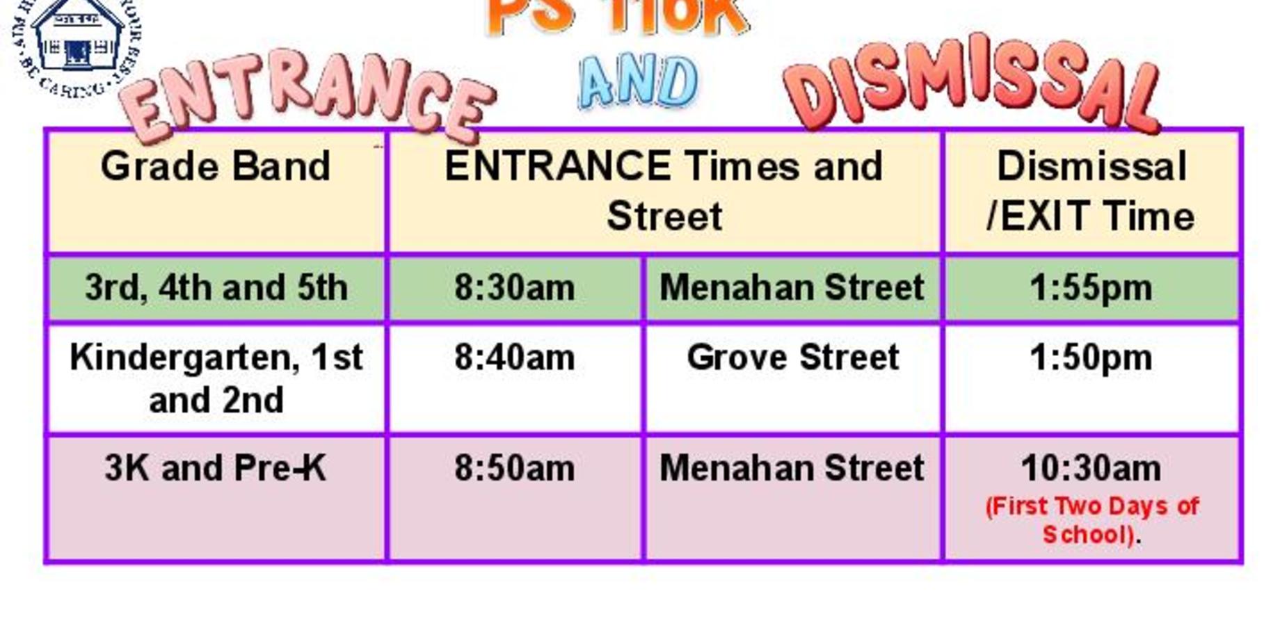 Entrance and Dismissal Schedule